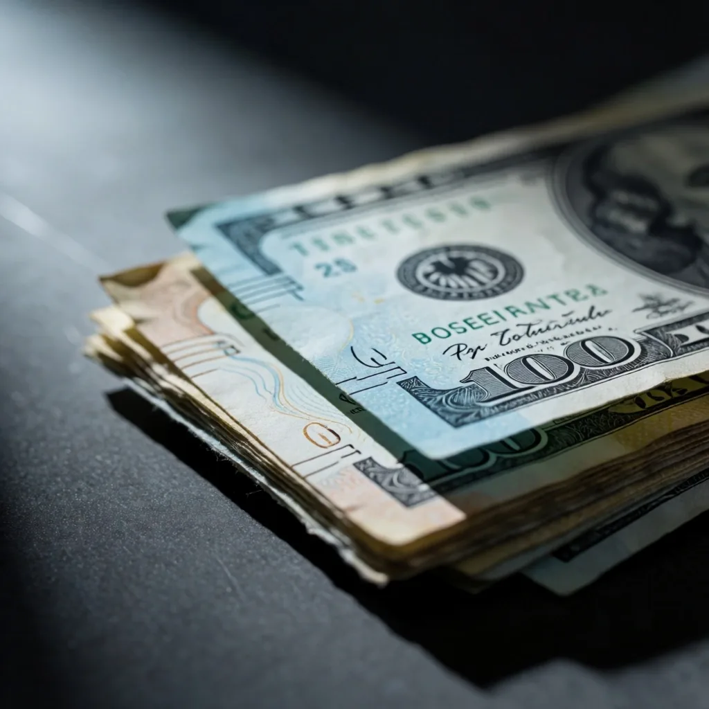 Billetes de peso argentino y dólar sobre superficie oscura