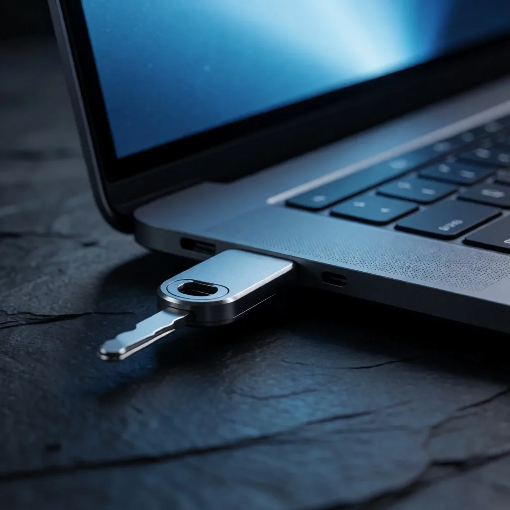 Llave de seguridad de hardware sobre escritorio oscuro