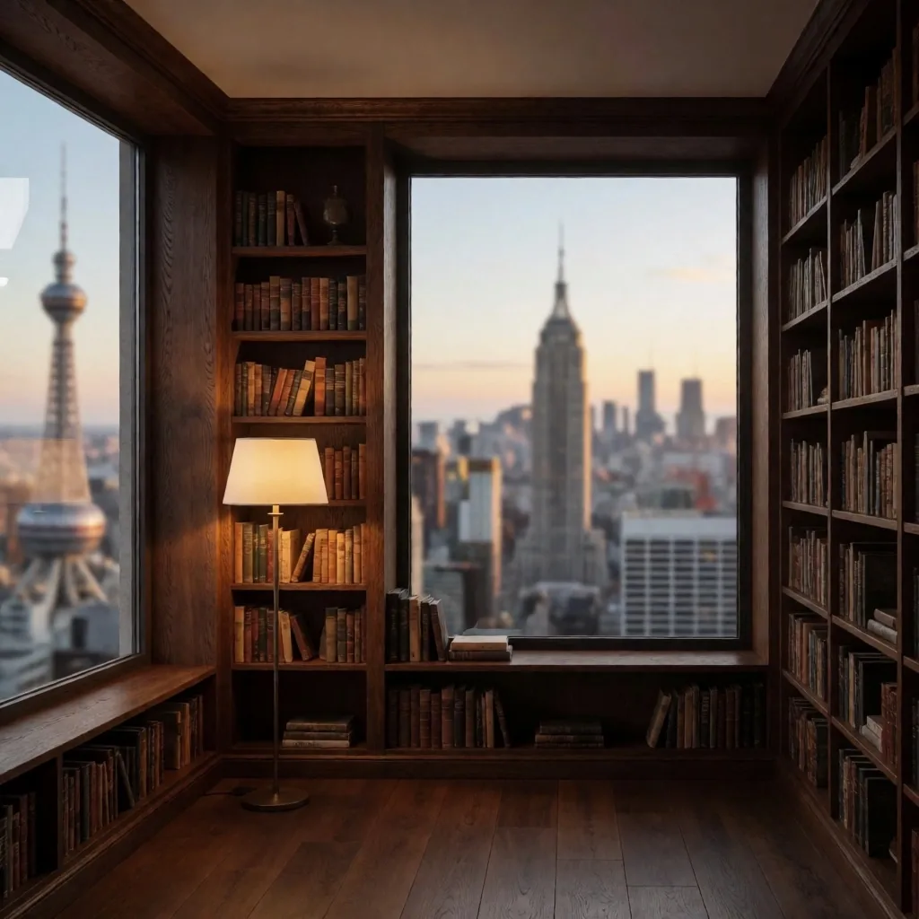 Biblioteca familiar con vista a múltiples ciudades