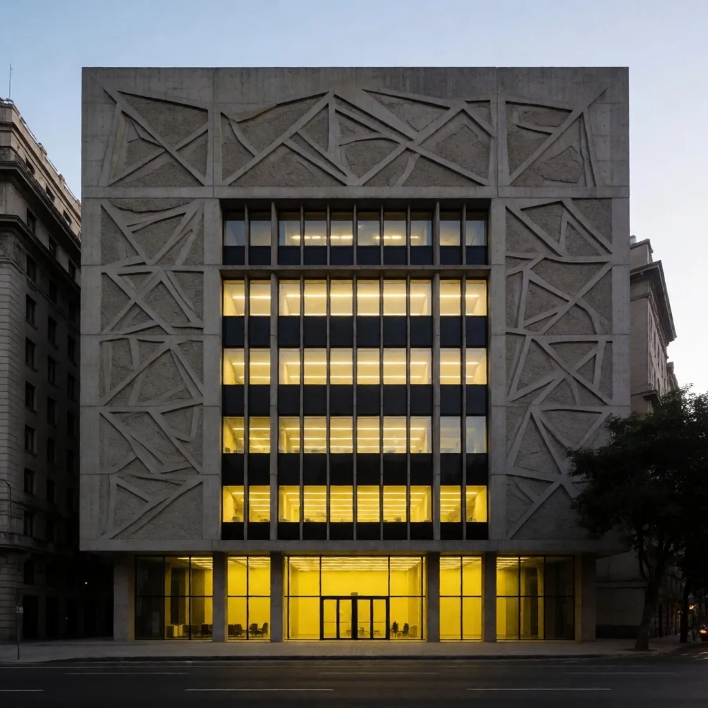 Arquitectura brutalista de Buenos Aires al anochecer