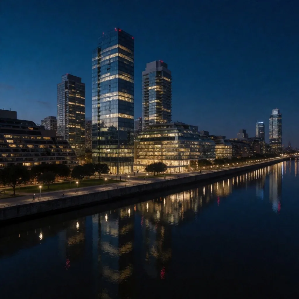 Puerto Madero al anochecer, panorama urbano de Buenos Aires